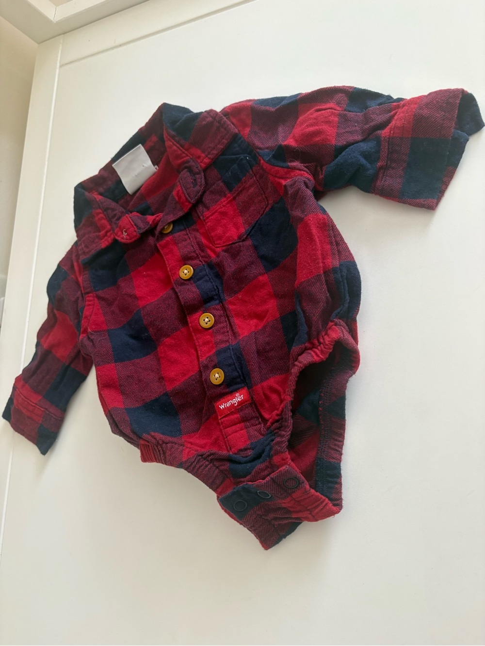 Wrangler Red and Navy Plaid Button-Front Baby Bodysuit with Collar